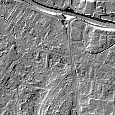 Shaded relief map of the ground around M228AA, computed from Environment Agency LiDAR. The ground here sits at about 42 m above sea level and falls 16 m across the surrounding 800 m. Surface water reaching this point runs off ground lying to the south, 8.7 m higher.