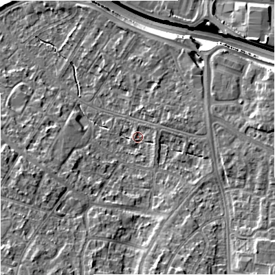 Shaded relief map of the ground around M228AB, computed from Environment Agency LiDAR. The ground here sits at about 41 m above sea level and falls 16 m across the surrounding 800 m. Surface water reaching this point runs off ground lying to the east-north-east, 1.7 m higher.