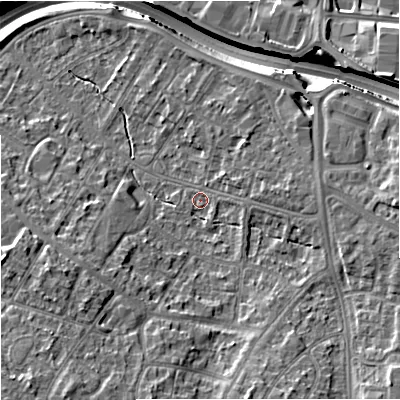Shaded relief map of the ground around M228AD, computed from Environment Agency LiDAR. The ground here sits at about 41 m above sea level and falls 16 m across the surrounding 800 m. Surface water reaching this point runs off ground lying to the south-west, 9.6 m higher.