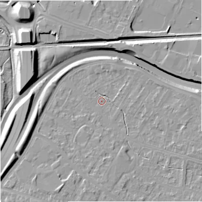 Shaded relief map of the ground around M228AG, computed from Environment Agency LiDAR. The ground here sits at about 39 m above sea level and falls 17 m across the surrounding 800 m. Surface water reaching this point runs off ground lying to the south-south-west, 11.0 m higher.