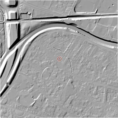 Shaded relief map of the ground around M228AJ, computed from Environment Agency LiDAR. The ground here sits at about 39 m above sea level and falls 17 m across the surrounding 800 m. Surface water reaching this point runs off ground lying to the south-south-west, 10.4 m higher.