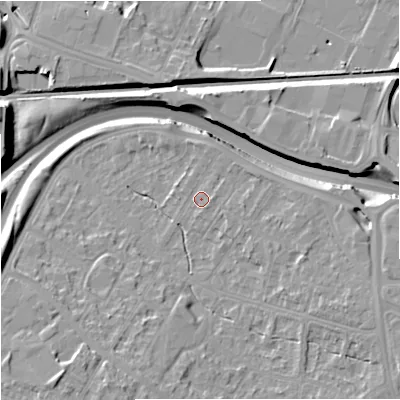 Shaded relief map of the ground around M228AN, computed from Environment Agency LiDAR. The ground here sits at about 41 m above sea level and falls 16 m across the surrounding 800 m. Surface water reaching this point runs off ground lying to the east-north-east, 2.2 m higher.