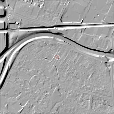 Shaded relief map of the ground around M228AW, computed from Environment Agency LiDAR. The ground here sits at about 41 m above sea level and falls 17 m across the surrounding 800 m. Surface water reaching this point runs off ground lying to the east-north-east, 2.1 m higher.