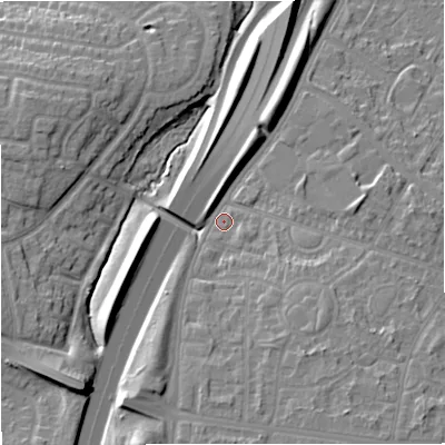Shaded relief map of the ground around M228BF, computed from Environment Agency LiDAR. The ground here sits at about 44 m above sea level and falls 15 m across the surrounding 800 m. Surface water reaching this point runs off ground lying to the south-east, 9.1 m higher.
