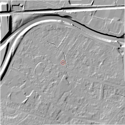 Shaded relief map of the ground around M228BR, computed from Environment Agency LiDAR. The ground here sits at about 40 m above sea level and falls 16 m across the surrounding 800 m. Surface water reaching this point runs off ground lying to the south-south-west, 9.2 m higher.