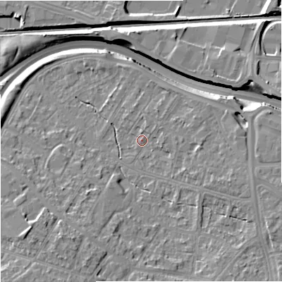 Shaded relief map of the ground around M228DE, computed from Environment Agency LiDAR. The ground here sits at about 41 m above sea level and falls 15 m across the surrounding 800 m. Surface water reaching this point runs off ground lying to the east, 3.1 m higher.