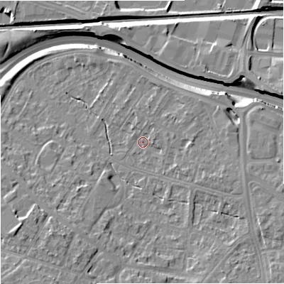 Shaded relief map of the ground around M228DF, computed from Environment Agency LiDAR. The ground here sits at about 41 m above sea level and falls 15 m across the surrounding 800 m. Surface water reaching this point runs off ground lying to the east, 3.1 m higher.