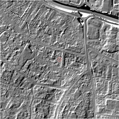 Shaded relief map of the ground around M228DG, computed from Environment Agency LiDAR. The ground here sits at about 41 m above sea level and falls 16 m across the surrounding 800 m. Surface water reaching this point runs off ground lying to the north-north-east, 1.7 m higher.