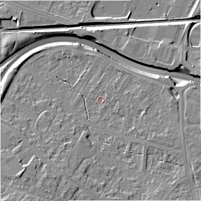 Shaded relief map of the ground around M228DH, computed from Environment Agency LiDAR. The ground here sits at about 40 m above sea level and falls 16 m across the surrounding 800 m. Surface water reaching this point runs off ground lying to the north-east, 2.5 m higher.