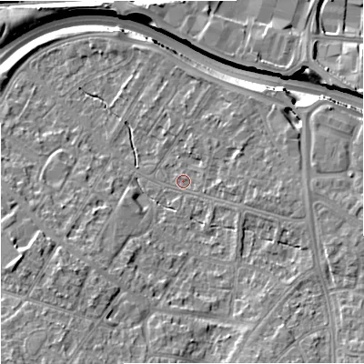 Shaded relief map of the ground around M228DJ, computed from Environment Agency LiDAR. The ground here sits at about 40 m above sea level and falls 15 m across the surrounding 800 m. Surface water reaching this point runs off ground lying to the south-south-west, 8.7 m higher.