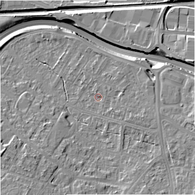 Shaded relief map of the ground around M228DN, computed from Environment Agency LiDAR. The ground here sits at about 41 m above sea level and falls 15 m across the surrounding 800 m. Surface water reaching this point runs off ground lying to the north-east, 1.7 m higher.