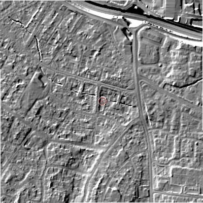 Shaded relief map of the ground around M228DQ, computed from Environment Agency LiDAR. The ground here sits at about 41 m above sea level and falls 16 m across the surrounding 800 m. Surface water reaching this point runs off ground lying to the south, 9.0 m higher.