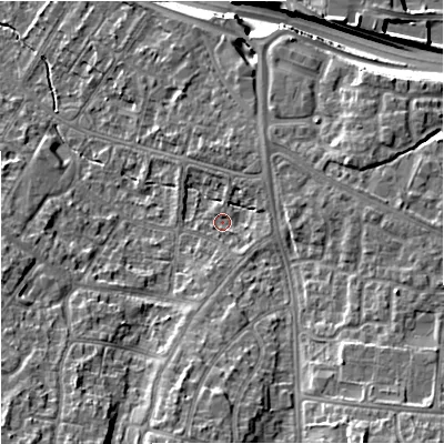 Shaded relief map of the ground around M228DR, computed from Environment Agency LiDAR. The ground here sits at about 42 m above sea level and falls 16 m across the surrounding 800 m. Surface water reaching this point runs off ground lying to the south-south-east, 10.0 m higher.