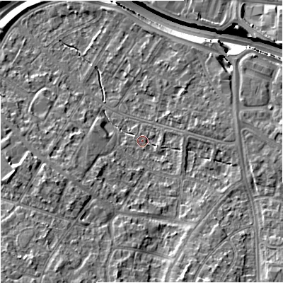 Shaded relief map of the ground around M228DS, computed from Environment Agency LiDAR. The ground here sits at about 41 m above sea level and falls 16 m across the surrounding 800 m. Surface water reaching this point runs off ground lying to the south-south-west, 9.7 m higher.