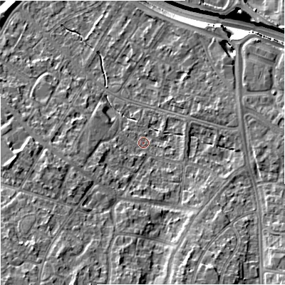 Shaded relief map of the ground around M228DT, computed from Environment Agency LiDAR. The ground here sits at about 41 m above sea level and falls 17 m across the surrounding 800 m. Surface water reaching this point runs off ground lying to the west-south-west, 2.8 m higher.