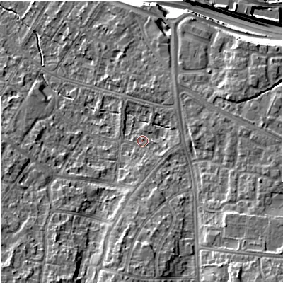 Shaded relief map of the ground around M228DU, computed from Environment Agency LiDAR. The ground here sits at about 42 m above sea level and falls 16 m across the surrounding 800 m. Surface water reaching this point runs off ground lying to the south-east, 10.0 m higher.