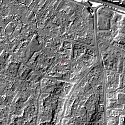Shaded relief map of the ground around M228DY, computed from Environment Agency LiDAR. The ground here sits at about 42 m above sea level and falls 16 m across the surrounding 800 m. Surface water reaching this point runs off ground lying to the south-west, 10.5 m higher.