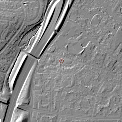 Shaded relief map of the ground around M228FG, computed from Environment Agency LiDAR. The ground here sits at about 45 m above sea level and falls 17 m across the surrounding 800 m. Surface water reaching this point runs off ground lying to the south-south-east, 6.1 m higher.