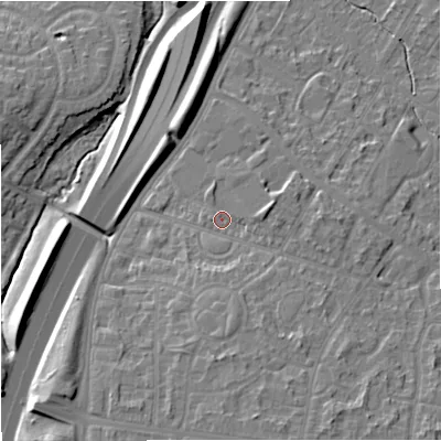 Shaded relief map of the ground around M228FQ, computed from Environment Agency LiDAR. The ground here sits at about 45 m above sea level and falls 14 m across the surrounding 800 m. Surface water reaching this point runs off ground lying to the east, 4.3 m higher.