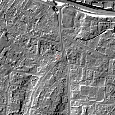 Shaded relief map of the ground around M228JR, computed from Environment Agency LiDAR. The ground here sits at about 43 m above sea level and falls 16 m across the surrounding 800 m. Surface water reaching this point runs off ground lying to the east-south-east, 1.3 m higher.
