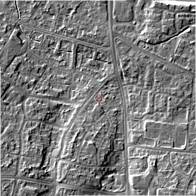 Shaded relief map of the ground around M228JS, computed from Environment Agency LiDAR. The ground here sits at about 44 m above sea level and falls 15 m across the surrounding 800 m. Surface water reaching this point runs off ground lying to the south-south-west, 6.4 m higher.