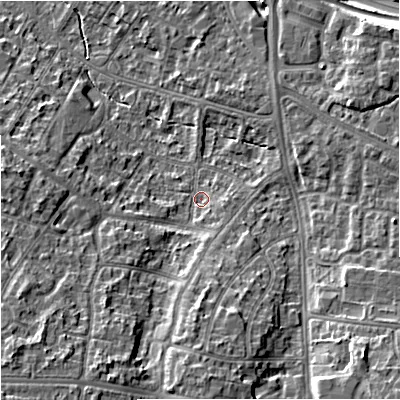 Shaded relief map of the ground around M228LD, computed from Environment Agency LiDAR. The ground here sits at about 42 m above sea level and falls 16 m across the surrounding 800 m. Surface water reaching this point runs off ground lying to the south-west, 9.2 m higher.