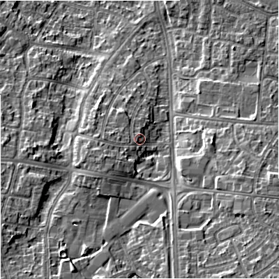 Shaded relief map of the ground around M228UA, computed from Environment Agency LiDAR. The ground here sits at about 48 m above sea level and falls 13 m across the surrounding 800 m. Surface water reaching this point runs off ground lying to the west-south-west, 4.2 m higher.
