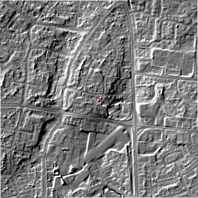 Shaded relief map of the ground around M228UB, computed from Environment Agency LiDAR. The ground here sits at about 50 m above sea level and falls 13 m across the surrounding 800 m. Surface water reaching this point runs off ground lying to the west-south-west, 2.4 m higher.