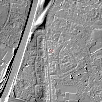 Shaded relief map of the ground around M229RB, computed from Environment Agency LiDAR. The ground here sits at about 53 m above sea level and falls 17 m across the surrounding 800 m. Surface water reaching this point runs off ground lying to the east-south-east, 2.3 m higher.