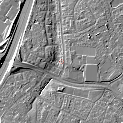 Shaded relief map of the ground around M229RF, computed from Environment Agency LiDAR. The ground here sits at about 56 m above sea level and falls 14 m across the surrounding 800 m. Surface water reaching this point runs off ground lying to the south, 9.3 m higher.