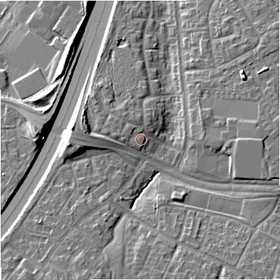 Shaded relief map of the ground around M229RJ, computed from Environment Agency LiDAR. The ground here sits at about 58 m above sea level and falls 15 m across the surrounding 800 m. Surface water reaching this point runs off ground lying to the west, 2.2 m higher.