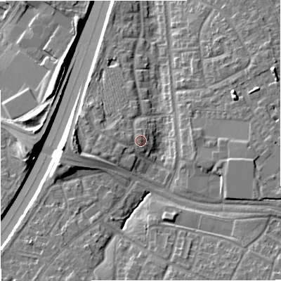 Shaded relief map of the ground around M229RL, computed from Environment Agency LiDAR. The ground here sits at about 58 m above sea level and falls 14 m across the surrounding 800 m. Surface water reaching this point runs off ground lying to the west, 0.9 m higher.