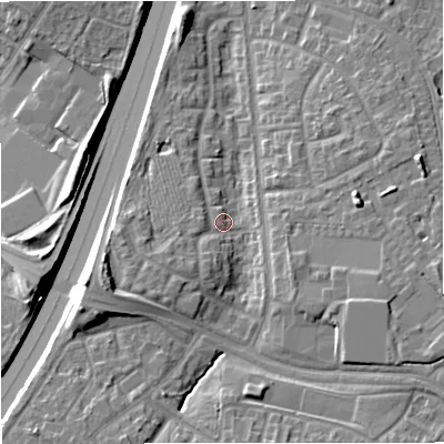Shaded relief map of the ground around M229RN, computed from Environment Agency LiDAR. The ground here sits at about 55 m above sea level and falls 14 m across the surrounding 800 m. Surface water reaching this point runs off ground lying to the south-west, 3.5 m higher.