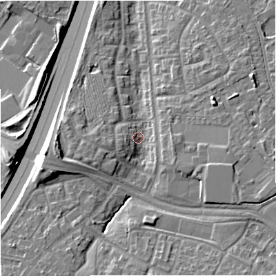 Shaded relief map of the ground around M229RR, computed from Environment Agency LiDAR. The ground here sits at about 55 m above sea level and falls 14 m across the surrounding 800 m. Surface water reaching this point runs off ground lying to the west-south-west, 8.6 m higher.