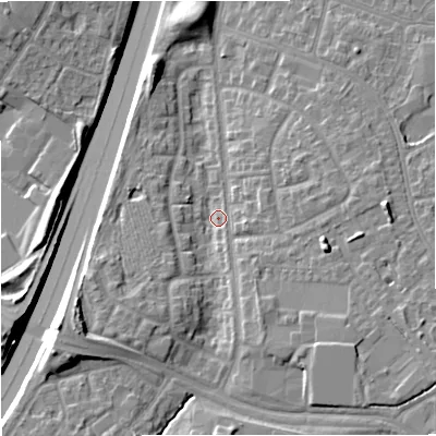 Shaded relief map of the ground around M229RS, computed from Environment Agency LiDAR. The ground here sits at about 53 m above sea level and falls 15 m across the surrounding 800 m. Surface water reaching this point runs off ground lying to the south-west, 10.8 m higher.