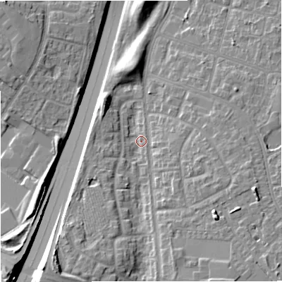 Shaded relief map of the ground around M229RT, computed from Environment Agency LiDAR. The ground here sits at about 51 m above sea level and falls 16 m across the surrounding 800 m. Surface water reaching this point runs off ground lying to the east-south-east, 8.8 m higher.