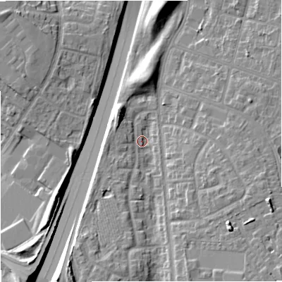Shaded relief map of the ground around M229RU, computed from Environment Agency LiDAR. The ground here sits at about 51 m above sea level and falls 17 m across the surrounding 800 m. Surface water reaching this point runs off ground lying to the east-south-east, 10.8 m higher.