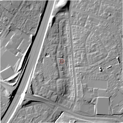Shaded relief map of the ground around M229RZ, computed from Environment Agency LiDAR. The ground here sits at about 53 m above sea level and falls 15 m across the surrounding 800 m. Surface water reaching this point runs off ground lying to the south-south-west, 6.1 m higher.