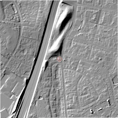 Shaded relief map of the ground around M229SA, computed from Environment Agency LiDAR. The ground here sits at about 50 m above sea level and falls 16 m across the surrounding 800 m. Surface water reaching this point runs off ground lying to the south-east, 11.0 m higher.