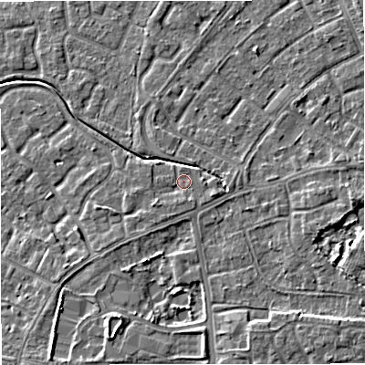 Shaded relief map of the ground around M230AG, computed from Environment Agency LiDAR. The ground here sits at about 30 m above sea level and falls 6 m across the surrounding 800 m. Surface water reaching this point runs off ground lying to the south-west, 1.3 m higher.