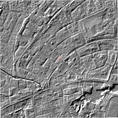 Shaded relief map of the ground around M230AH, computed from Environment Agency LiDAR. The ground here sits at about 30 m above sea level and falls 5 m across the surrounding 800 m. Surface water reaching this point runs off ground lying to the east, 1.2 m higher.