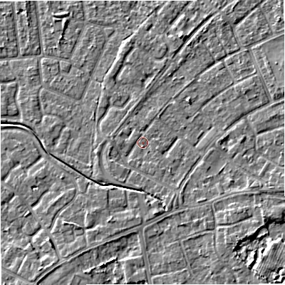 Shaded relief map of the ground around M230AP, computed from Environment Agency LiDAR. The ground here sits at about 30 m above sea level and falls 5 m across the surrounding 800 m. Surface water reaching this point runs off ground lying to the south-south-east, 1.7 m higher.