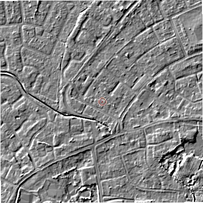 Shaded relief map of the ground around M230AS, computed from Environment Agency LiDAR. The ground here sits at about 30 m above sea level and falls 5 m across the surrounding 800 m. Surface water reaching this point runs off ground lying to the east, 0.6 m higher.