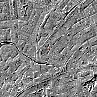 Shaded relief map of the ground around M230AT, computed from Environment Agency LiDAR. The ground here sits at about 30 m above sea level and falls 5 m across the surrounding 800 m. Surface water reaching this point runs off ground lying to the south-east, 1.7 m higher.