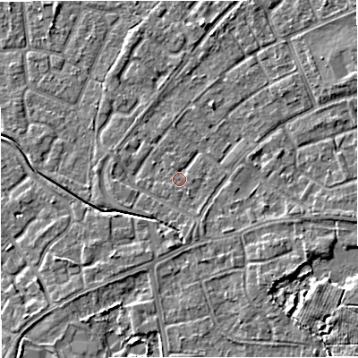 Shaded relief map of the ground around M230AU, computed from Environment Agency LiDAR. The ground here sits at about 30 m above sea level and falls 5 m across the surrounding 800 m. Surface water reaching this point runs off ground lying to the south-east, 3.1 m higher.