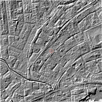 Shaded relief map of the ground around M230AW, computed from Environment Agency LiDAR. The ground here sits at about 29 m above sea level and falls 5 m across the surrounding 800 m. Surface water reaching this point runs off ground lying to the south-east, 3.2 m higher.