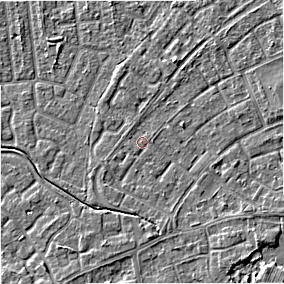 Shaded relief map of the ground around M230AX, computed from Environment Agency LiDAR. The ground here sits at about 29 m above sea level and falls 5 m across the surrounding 800 m. Surface water reaching this point runs off ground lying to the south-east, 3.2 m higher.