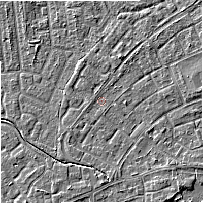 Shaded relief map of the ground around M230AY, computed from Environment Agency LiDAR. The ground here sits at about 29 m above sea level and falls 5 m across the surrounding 800 m. Surface water reaching this point runs off ground lying to the south-east, 3.2 m higher.