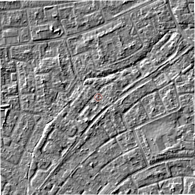 Shaded relief map of the ground around M230GD, computed from Environment Agency LiDAR. The ground here sits at about 29 m above sea level and falls 4 m across the surrounding 800 m. Surface water reaching this point runs off ground lying to the north-east, 1.1 m higher.