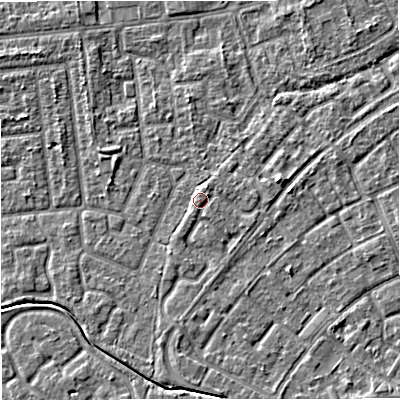 Shaded relief map of the ground around M230GP, computed from Environment Agency LiDAR. The ground here sits at about 30 m above sea level and falls 4 m across the surrounding 800 m. Surface water reaching this point runs off ground lying to the south-east, 2.3 m higher.